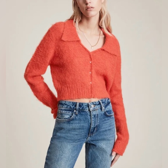 All Saints Sweaters - All Saints Alpaca Ork Cardigan Sweater in Lava Red